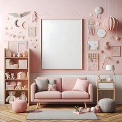 A pink room with a couch and a picture frame decoration.