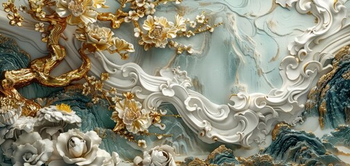 Japanese stucco motifs, gold accents, minimalist, highresolution, soft ambient light