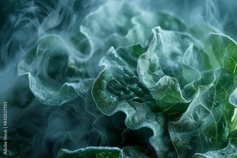 Aufkleber Minimalist image of frozen spinach with cold vapor in a macro view,