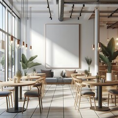 A space for restaurants cafe drinks and fast food room with poster mockup white combined with tables and chairs creative.