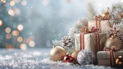 Festive presents and ornaments for Christmas and New Year against a blurry backdrop with empty space
