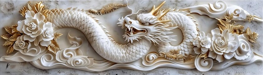 Obraz premium Japaneseinspired stucco molding, gold highlights, vintage style, high contrast