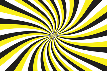 Spiral background with rays, black yellow white swirling abstract background.