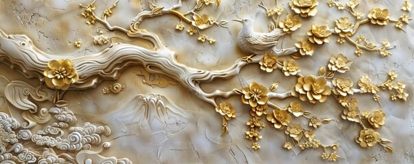 Japanesestyle stucco, golden highlights, modern, highresolution, soft shadows