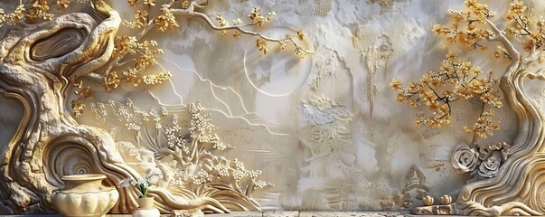Japanesestyle stucco, golden highlights, modern, highresolution, soft shadows