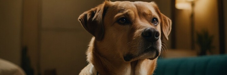 close up of a dog looking up