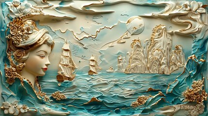 Sea view with sailing ships stucco molding, nautical style, muted tones, digital painting, maritime theme
