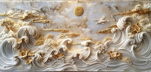 Stucco molding featuring a serene waterfall, harmonious style, cool colors, watercolor, gentle flow