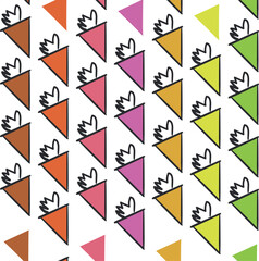 Cartoon triangular fruits or vegetables similar to carrots form a food background.