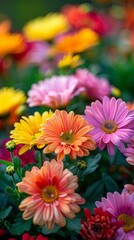 Benjamas flowers in the garden with beautiful chrysanthemums mums and chrysanths with a copy space image