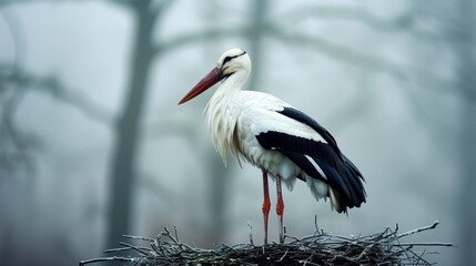Obraz premium A stork stands alone in its nest on a misty day, surrounded by a tranquil and mysterious forest atmosphere.
