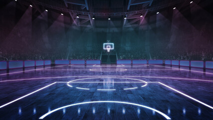Futuristic basketball stadium, empty arena illuminated by neon spotlights with crowdy stages ready to watch final game. 3D render. Concept of sport, competition, championship, action and motion. Ad © Lustre Art Group 