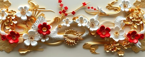 Fototapeta premium Stucco molding with Japanese patterns, gold details, ultrarealistic, diffused light