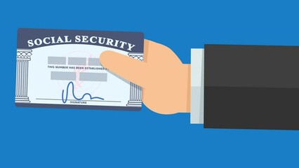 A hand presents his American social security card on blue background (flat design)