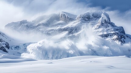 Obraz premium A dramatic avalanche cascading down snow-covered mountains, highlighting the power and beauty of nature.