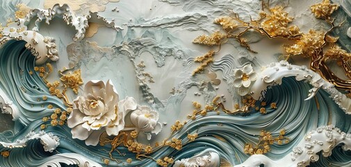 Volumetric stucco molding, Japanese motifs, gold accents, highdetail, moody lighting