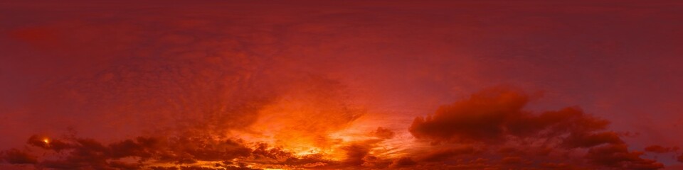 Fototapeta premium Dramatic sunset sky panorama with red burning clouds. Seamless hdr 360 pano in spherical equirectangular format. Sky dome or zenith for 3D visualization, sky replacement for aerial drone panoramas