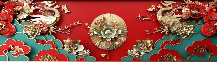 Obraz premium Volumetric stucco molding, Japanese patterns, gold elements, intricate details, HDR lighting