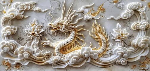 Volumetric stucco molding, Japanese motifs, gold accents, highdetail, moody lighting