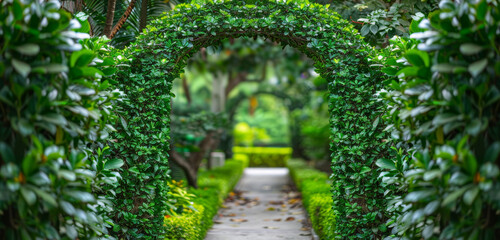 A lush garden path with archways covered in greenery, creating a serene and picturesque scene.