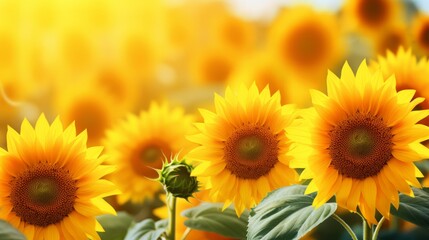 Beautiful field of blooming sunflowers against blurry sunset golden light. Summer sunflower flower background banner.