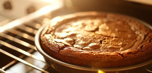 A freshly baked chocolate cake in the oven, with a golden top, ready to be enjoyed.
