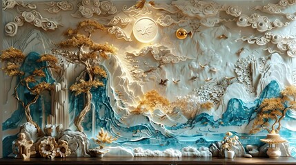 Fototapeta premium Volumetric stucco molding, Chinese motifs, gold accents, highdetail, moody lighting