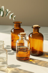 Minimalist design featuring reagents in flasks and bottles, exuding simplicity,