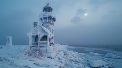 The lighthouses frozen form stands out against the serene winter landscape a testament to its enduring purpose.