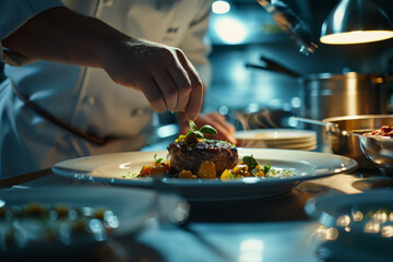 close up horizontal image of a fine dining chef finishing a fancy beef dish