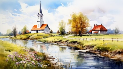 Obraz premium Watercolor of a modern church in a small village