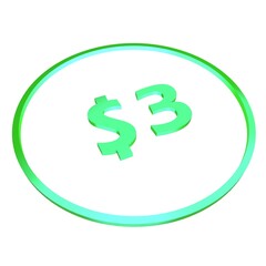 3D figure three in a green circle with a dollar sign on a white background, isolate. Pricing, marketing, sale or price tag.