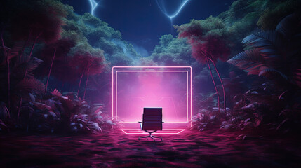 Mysterious door or portal with neon light in the jungle in synthwave style.