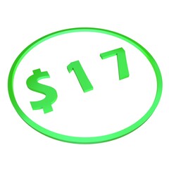 3D figure seventeen in a green circle with a dollar sign on a white background, isolate. Pricing, marketing, sale or price tag.