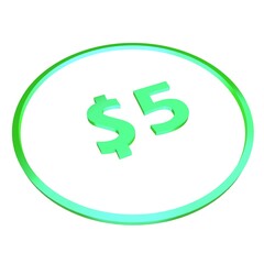 3D figure five in a green circle with a dollar sign on a white background, isolate. Pricing, marketing, sale or price tag.
