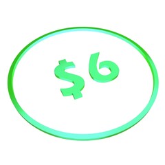 3D figure six in a green circle with a dollar sign on a white background, isolate. Pricing, marketing, sale or price tag.