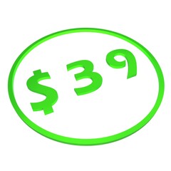 3D figure thirty nine in a green circle with a dollar sign on a white background, isolate. Pricing, marketing, sale or price tag.