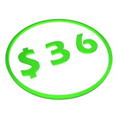 3D figure thirty six in a green circle with a dollar sign on a white background, isolate. Pricing, marketing, sale or price tag.
