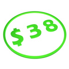 3D figure thirty eight in a green circle with a dollar sign on a white background, isolate. Pricing, marketing, sale or price tag.