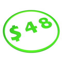 3D figure forty eight in a green circle with a dollar sign on a white background, isolate. Pricing, marketing, sale or price tag.