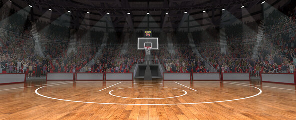 Basketball court with intense lighting, while hoop and scoreboard are ready for action on background with crowdy stages. Concept of sport games, competition, entertainment, action and motion © Lustre Art Group 