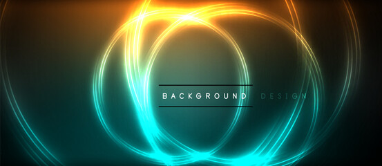 Neon glowing circle rays, light round lines in the dark, planet style neon wave lines. Energetic electric concept design for wallpaper, banner, background