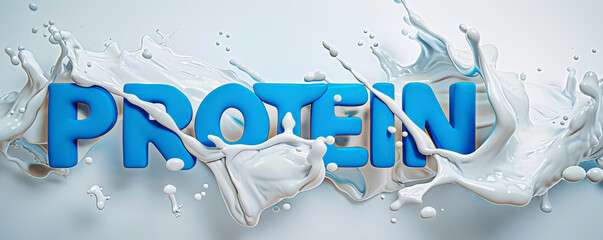 Blue "Protein" text surrounded by splashing milk, emphasizing the importance of protein in a healthy diet.