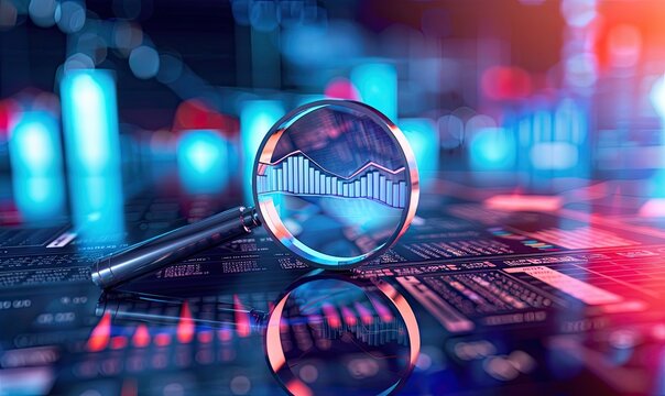 Magnifying Glass Over Business Data and Charts on Neon-Lit Office Table, Financial Analysis Concept with Digital Background