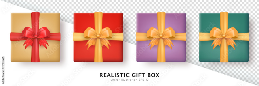 Wall mural set of 3d realistic colorful gift box wrapped in craft paper and tied with silk bow top view. three 