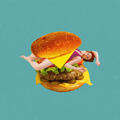 Yung woman lying inside juicy burger against green background. Fast food lover. Contemporary art collage. Concept of food, pop art, surrealism. Creative colorful design.