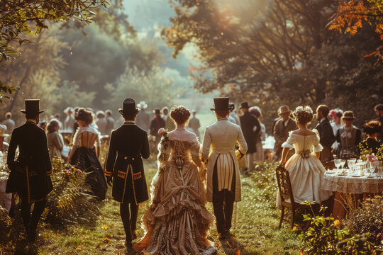 Aesthetic image of a Regency-era garden party with guests in period attire,