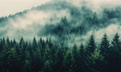 Misty Forest with Fir Trees, Aerial Top View Mountain Landscape with Natural Green Background
