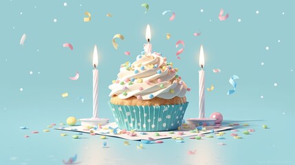 Pastel Birthday Cupcake with Candles on Blue and White Polka Dot Background
