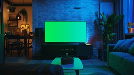 Empty Living Room with Chroma Key Placeholder on Monitor in Stylish Loft Apartment Interior. Night Shot. TV Set with Green Screen Mock Up Display.